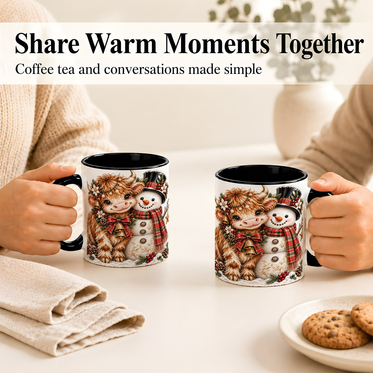 #pl[11oz|Black] Christmas Highland Cow Coffee Mug, Bell Snowman Mug, Ceramic Cup