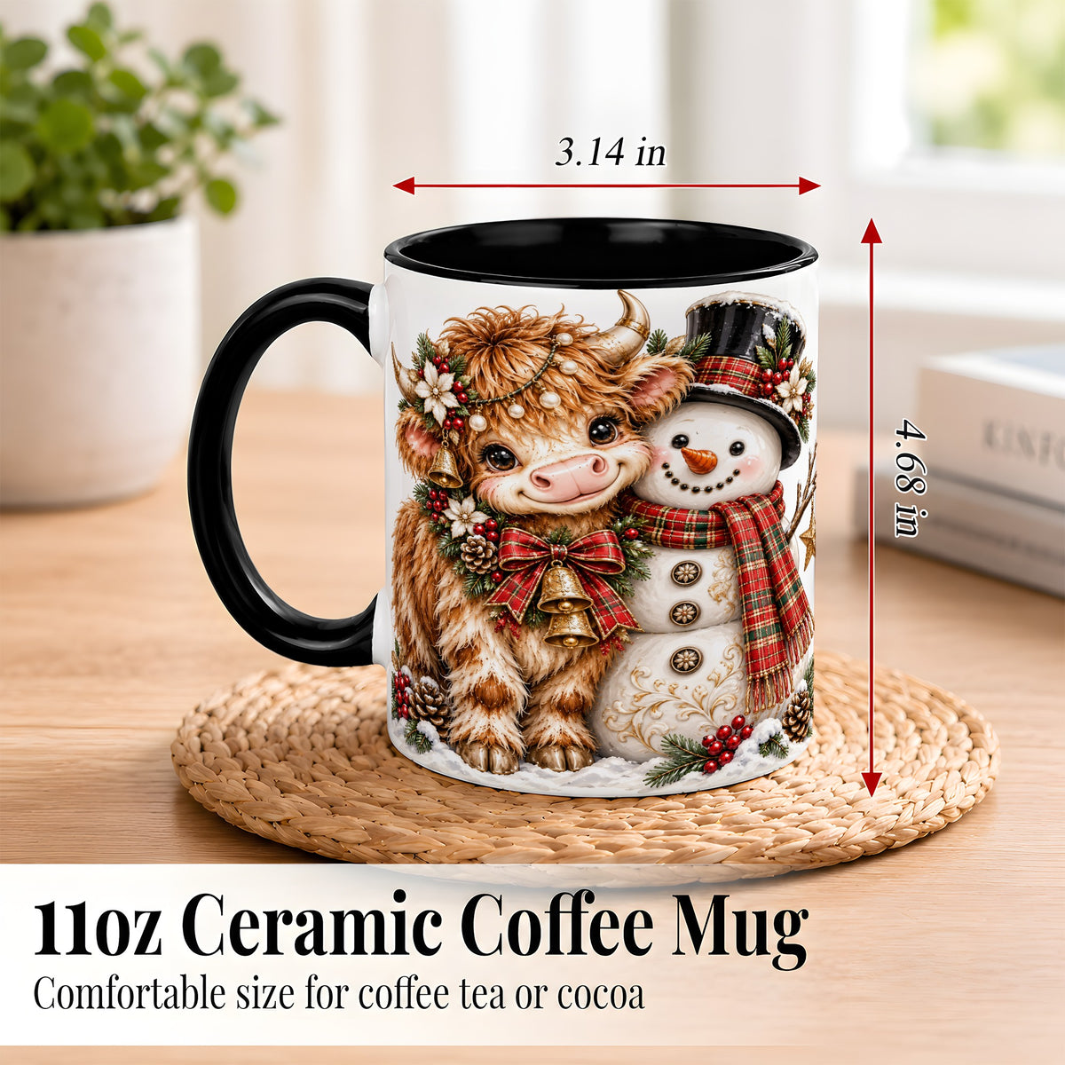 #pl[11oz|Black] Christmas Highland Cow Coffee Mug, Bell Snowman Mug, Ceramic Cup
