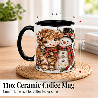 #pl[11oz|Black] Christmas Highland Cow Coffee Mug, Bell Snowman Mug, Ceramic Cup