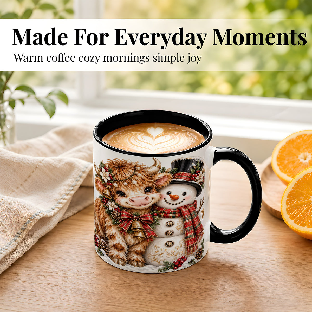 #pl[11oz|Black] Christmas Highland Cow Coffee Mug, Bell Snowman Mug, Ceramic Cup