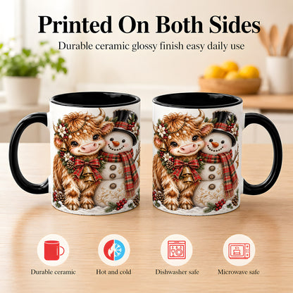 #pl[11oz|Black] Christmas Highland Cow Coffee Mug, Bell Snowman Mug, Ceramic Cup