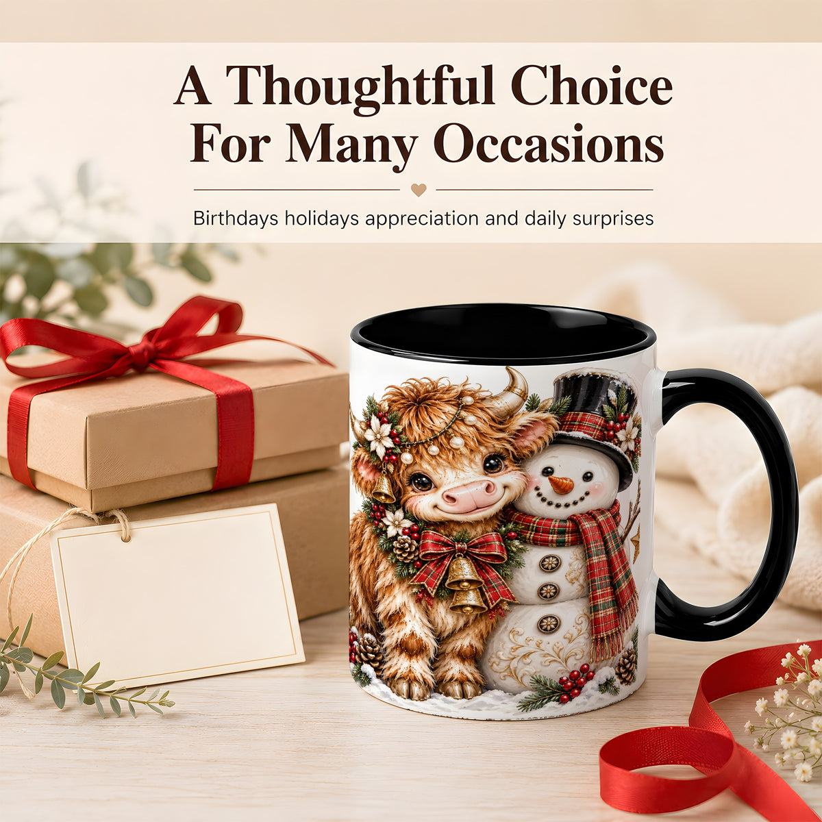 #pl[11oz|Black] Christmas Highland Cow Coffee Mug, Bell Snowman Mug, Ceramic Cup