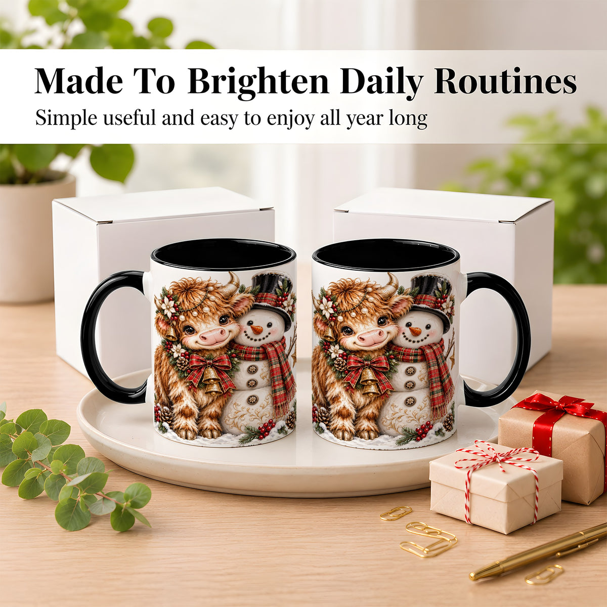 #pl[11oz|Black] Christmas Highland Cow Coffee Mug, Bell Snowman Mug, Ceramic Cup