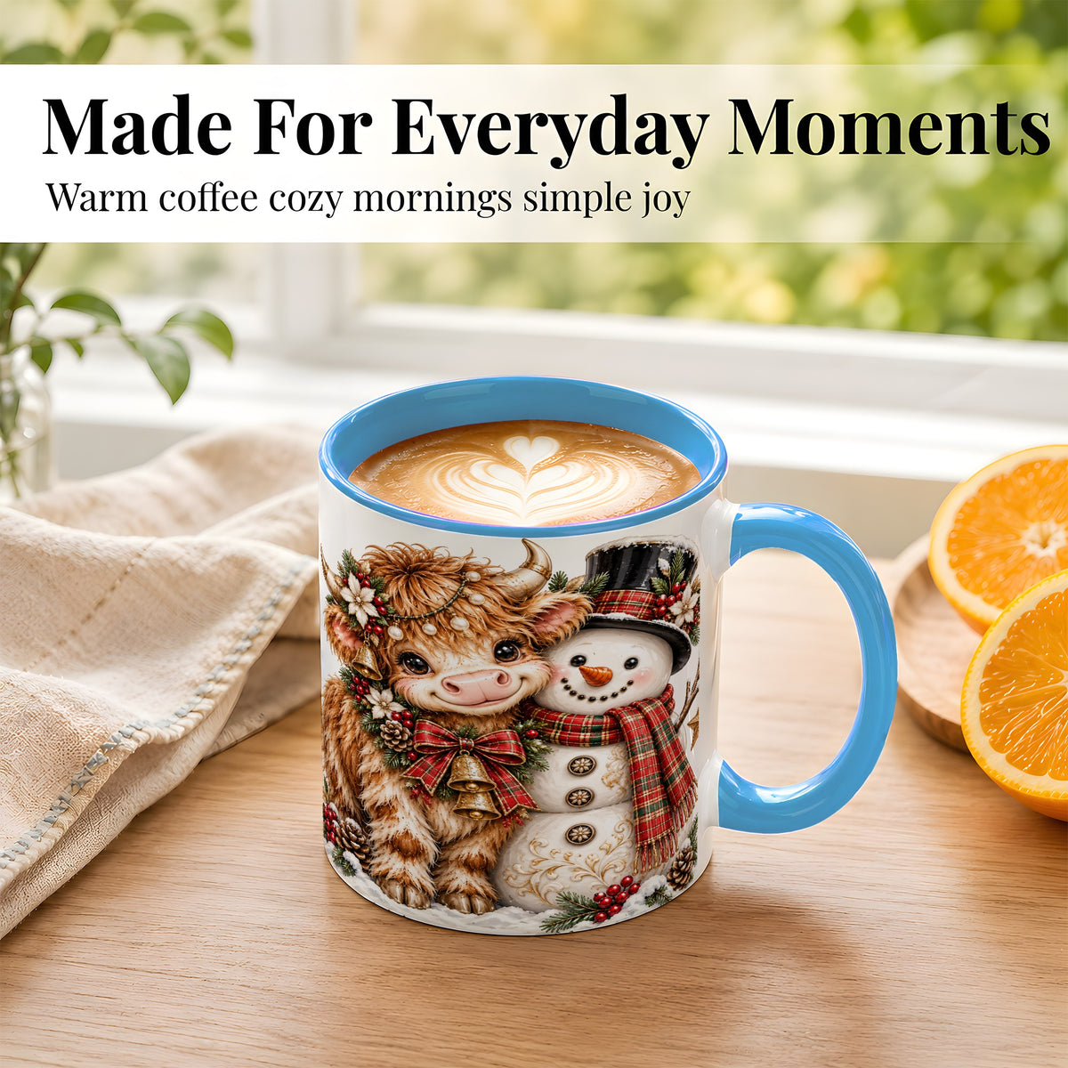 #pl[11oz|Blue] Christmas Highland Cow Coffee Mug, Bell Snowman Mug, Ceramic Cup