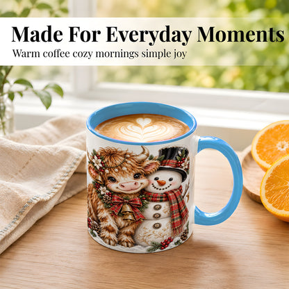 #pl[11oz|Blue] Christmas Highland Cow Coffee Mug, Bell Snowman Mug, Ceramic Cup