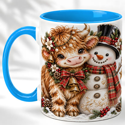 #pl[11oz|Blue] Christmas Highland Cow Coffee Mug, Bell Snowman Mug, Ceramic Cup