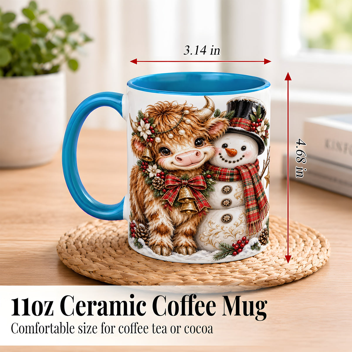 #pl[11oz|Blue] Christmas Highland Cow Coffee Mug, Bell Snowman Mug, Ceramic Cup