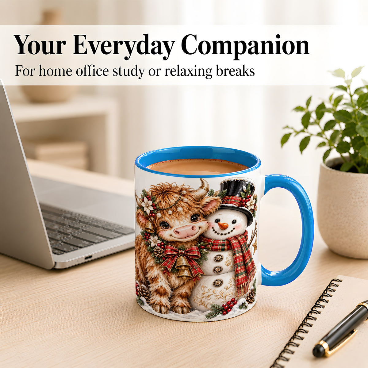 #pl[11oz|Blue] Christmas Highland Cow Coffee Mug, Bell Snowman Mug, Ceramic Cup