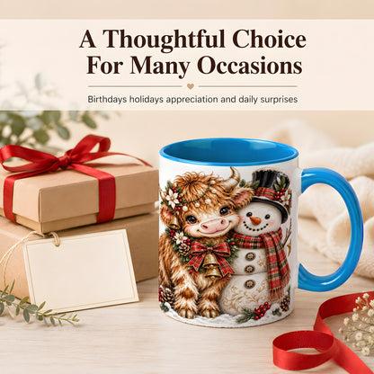 #pl[11oz|Blue] Christmas Highland Cow Coffee Mug, Bell Snowman Mug, Ceramic Cup