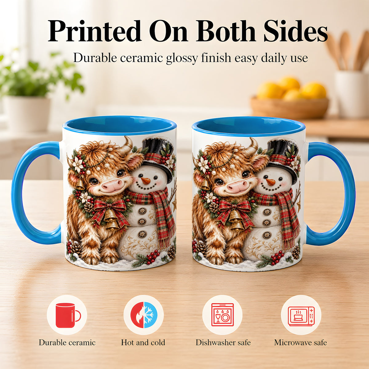 #pl[11oz|Blue] Christmas Highland Cow Coffee Mug, Bell Snowman Mug, Ceramic Cup