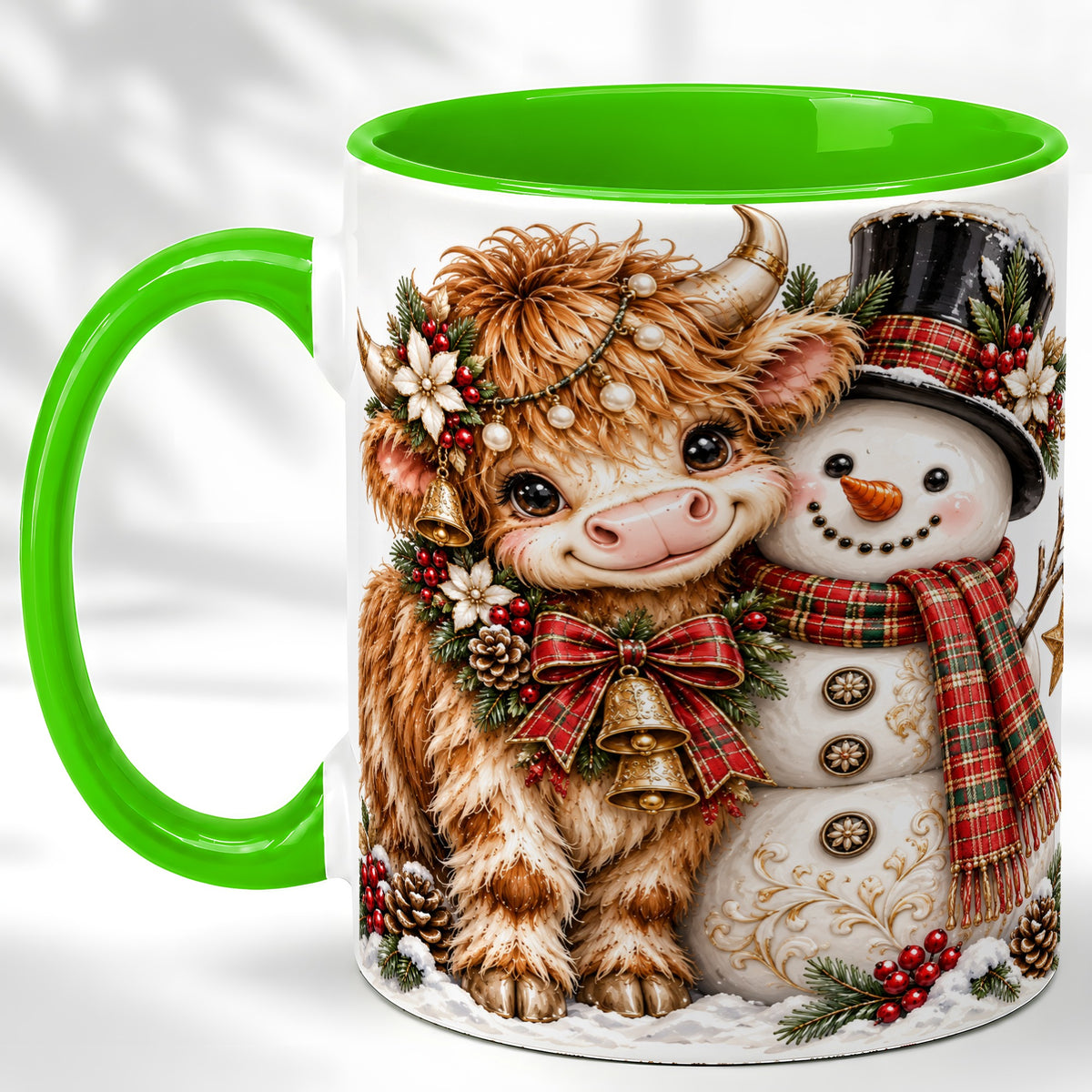 #pl[11oz|Green] Christmas Highland Cow Coffee Mug, Bell Snowman Mug, Ceramic Cup