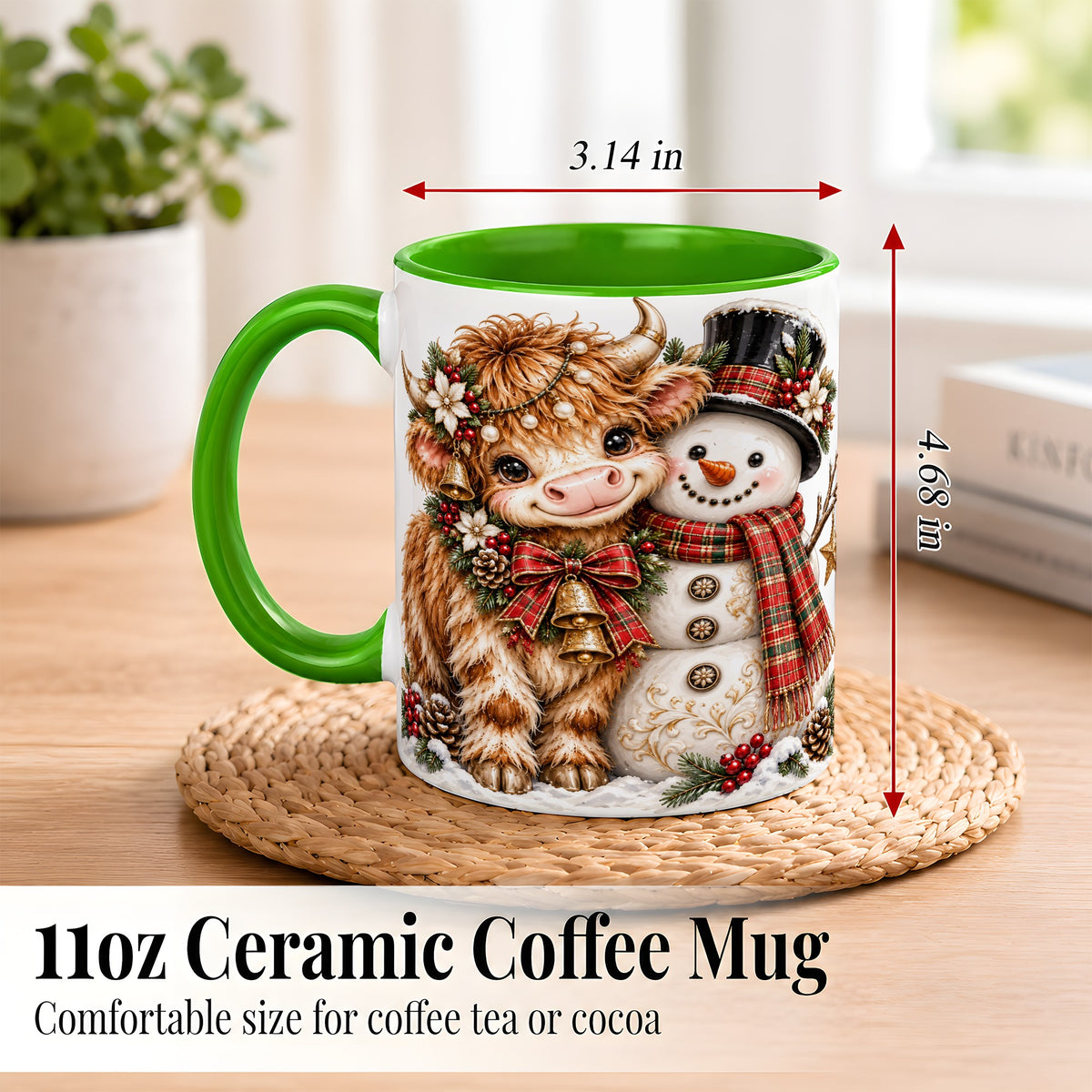 #pl[11oz|Green] Christmas Highland Cow Coffee Mug, Bell Snowman Mug, Ceramic Cup