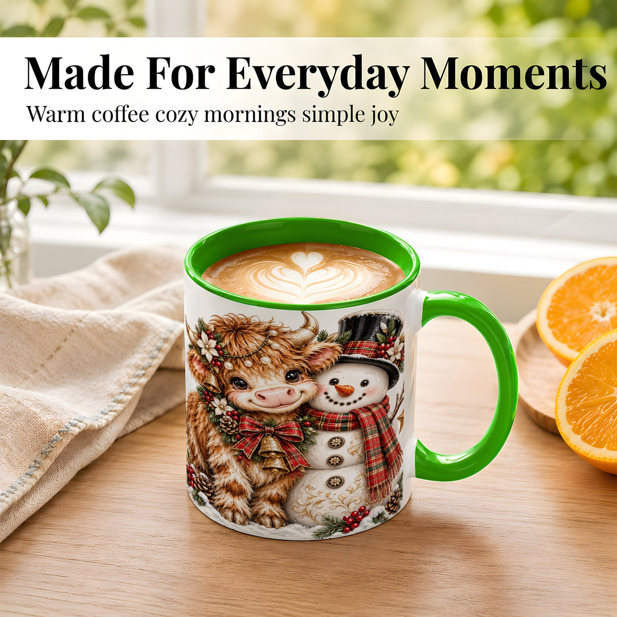 #pl[11oz|Green] Christmas Highland Cow Coffee Mug, Bell Snowman Mug, Ceramic Cup