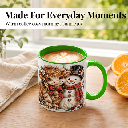 #pl[11oz|Green] Christmas Highland Cow Coffee Mug, Bell Snowman Mug, Ceramic Cup