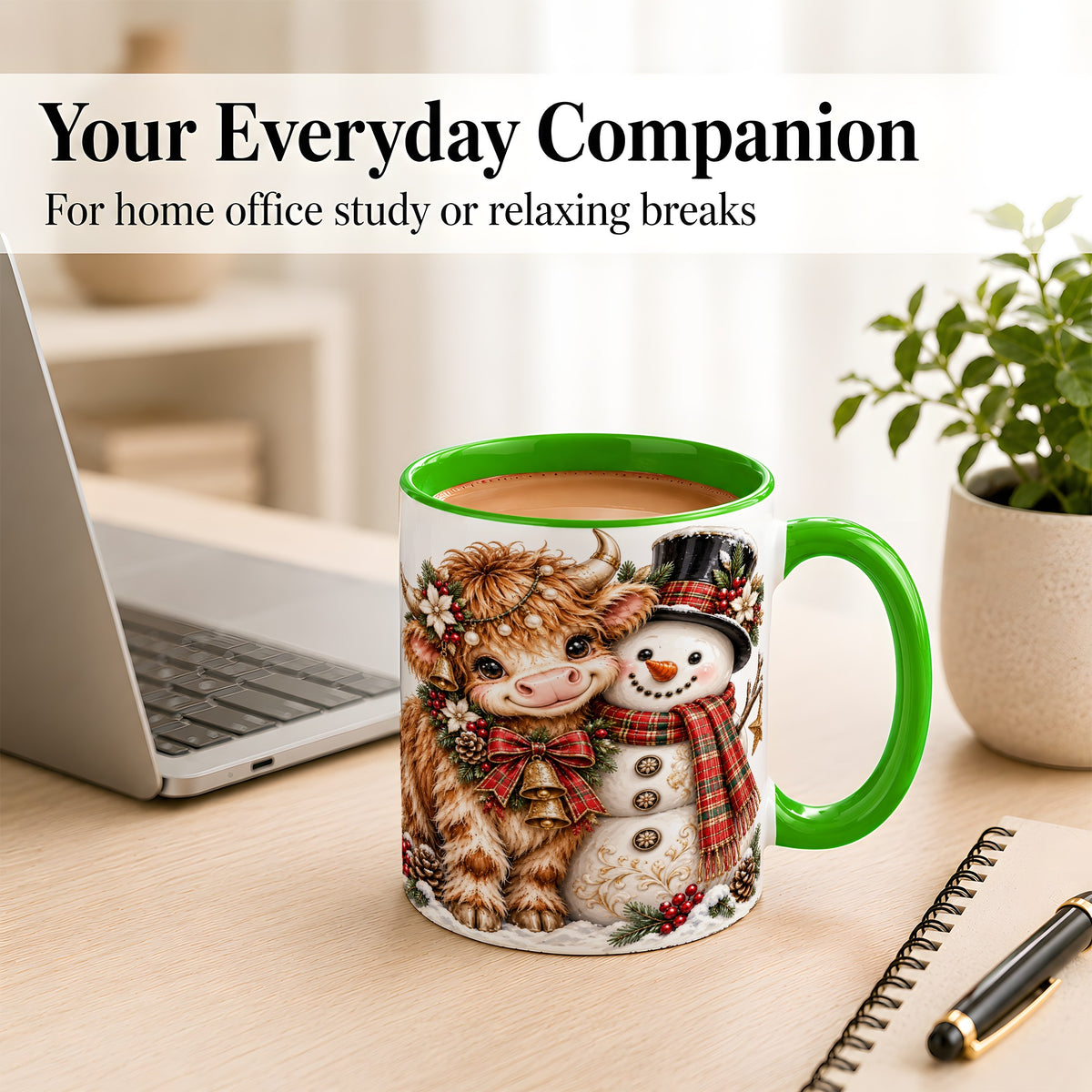 #pl[11oz|Green] Christmas Highland Cow Coffee Mug, Bell Snowman Mug, Ceramic Cup