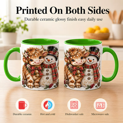 #pl[11oz|Green] Christmas Highland Cow Coffee Mug, Bell Snowman Mug, Ceramic Cup