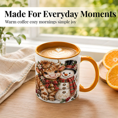 #pl[11oz|Orange] Christmas Highland Cow Coffee Mug, Bell Snowman Mug, Ceramic Cup