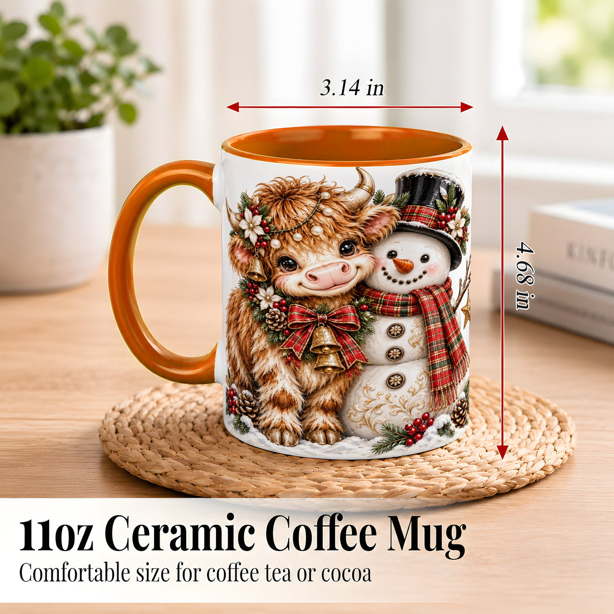 #pl[11oz|Orange] Christmas Highland Cow Coffee Mug, Bell Snowman Mug, Ceramic Cup