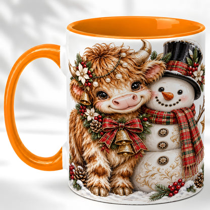 #pl[11oz|Orange] Christmas Highland Cow Coffee Mug, Bell Snowman Mug, Ceramic Cup