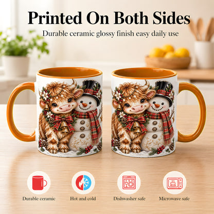 #pl[11oz|Orange] Christmas Highland Cow Coffee Mug, Bell Snowman Mug, Ceramic Cup