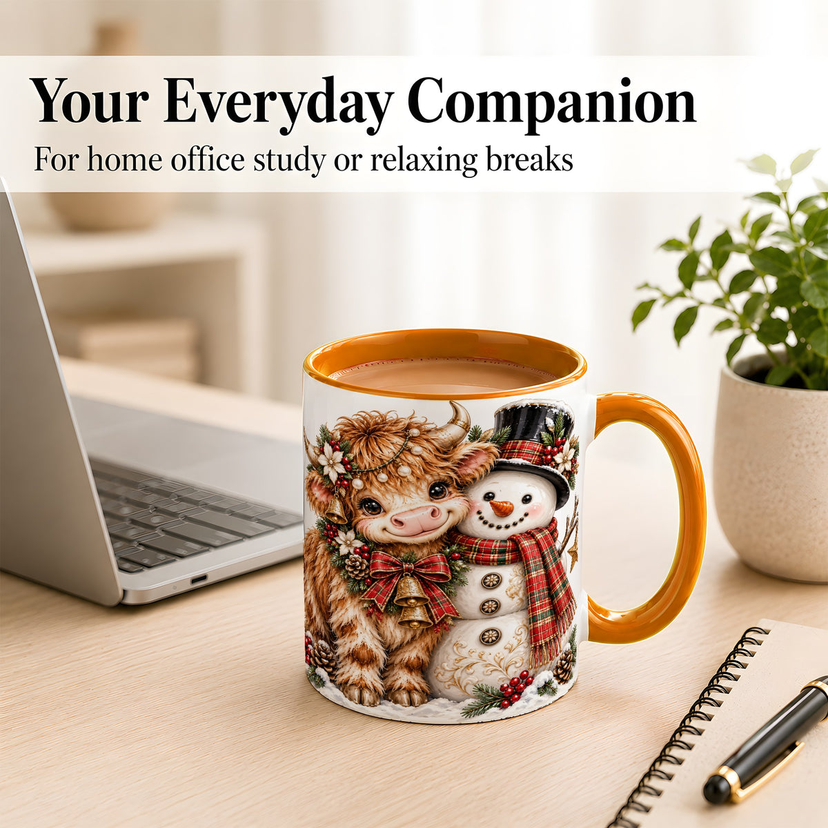 #pl[11oz|Orange] Christmas Highland Cow Coffee Mug, Bell Snowman Mug, Ceramic Cup