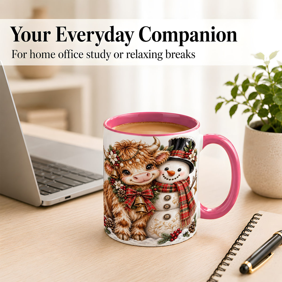 #pl[11oz|Pink] Christmas Highland Cow Coffee Mug, Bell Snowman Mug, Ceramic Cup