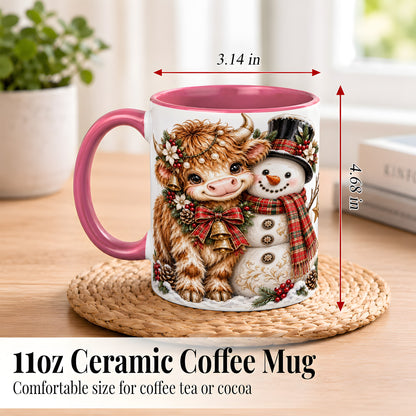 #pl[11oz|Pink] Christmas Highland Cow Coffee Mug, Bell Snowman Mug, Ceramic Cup