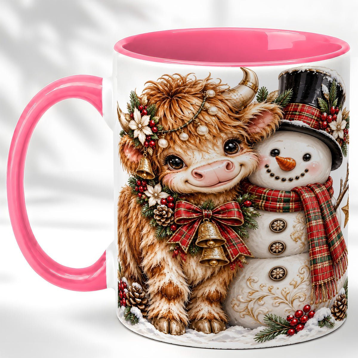 #pl[11oz|Pink] Christmas Highland Cow Coffee Mug, Bell Snowman Mug, Ceramic Cup