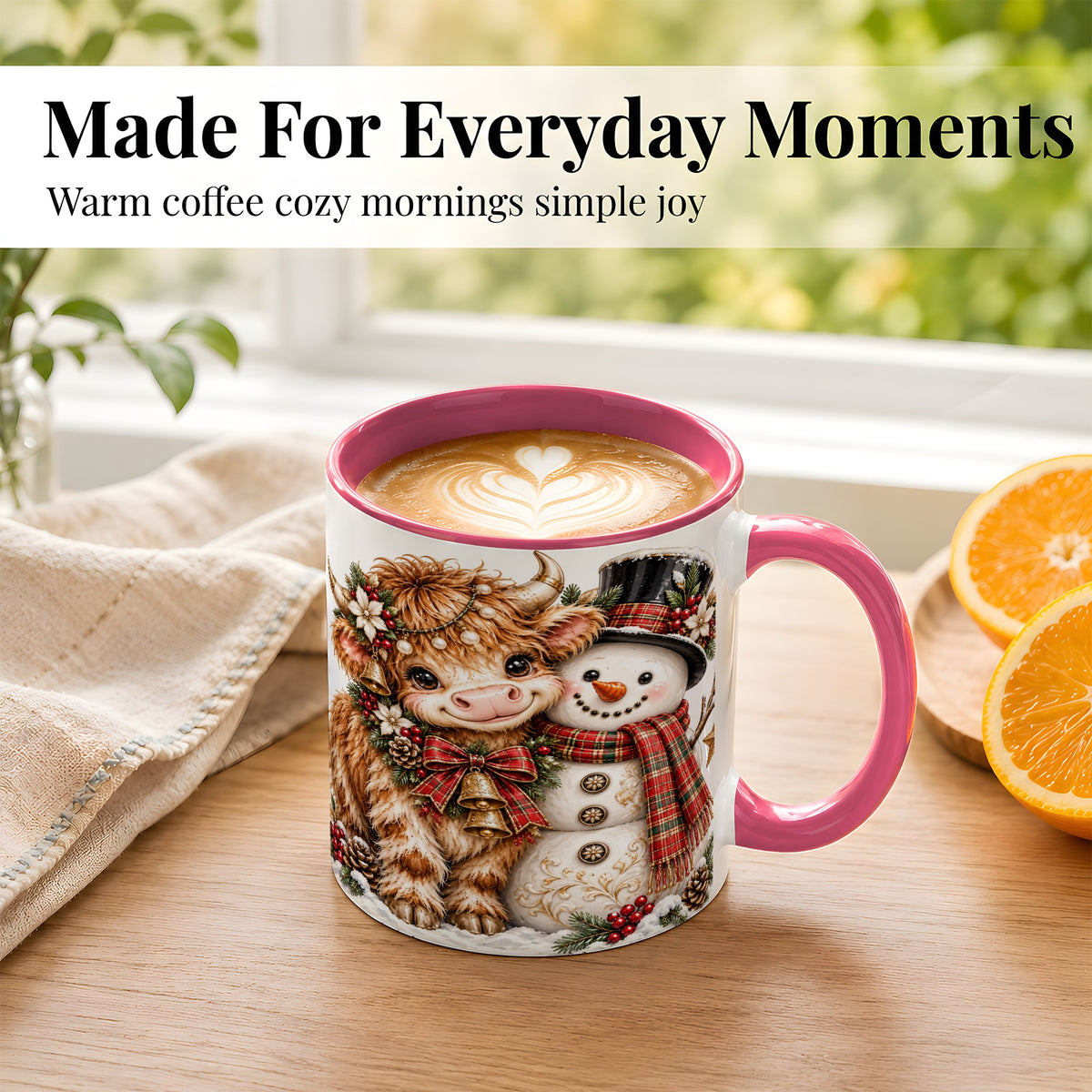 #pl[11oz|Pink] Christmas Highland Cow Coffee Mug, Bell Snowman Mug, Ceramic Cup
