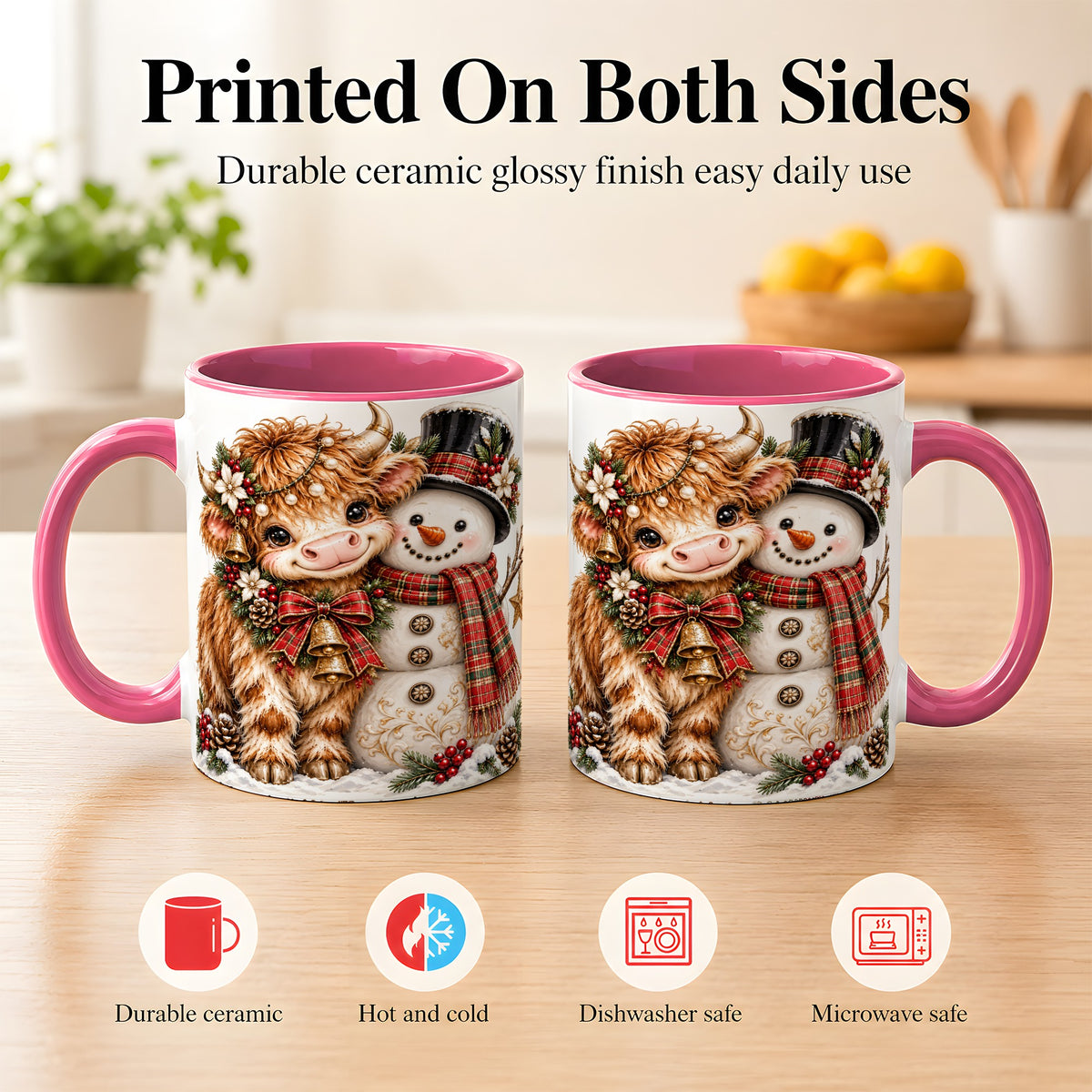 #pl[11oz|Pink] Christmas Highland Cow Coffee Mug, Bell Snowman Mug, Ceramic Cup