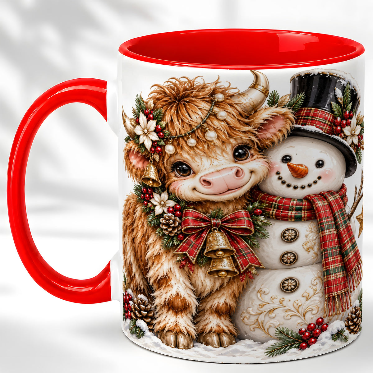 Christmas Highland Cow Coffee Mug, Bell Snowman Mug, Ceramic Cup