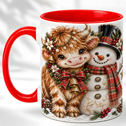Christmas Highland Cow Coffee Mug, Bell Snowman Mug, Ceramic Cup