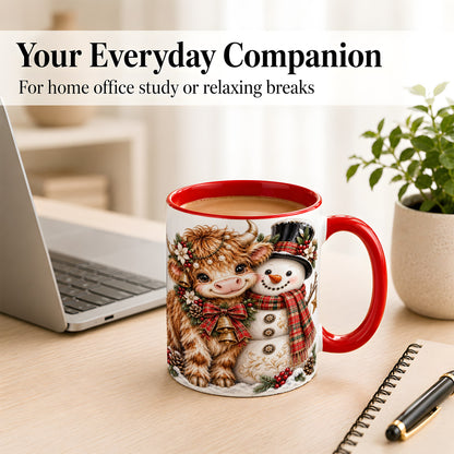 #pl[11oz|Red] Christmas Highland Cow Coffee Mug, Bell Snowman Mug, Ceramic Cup