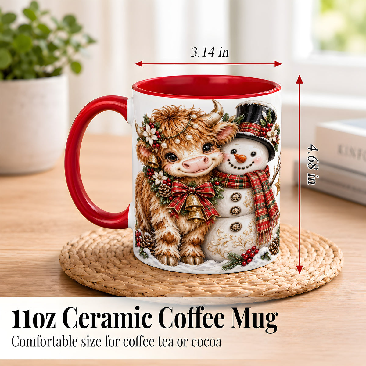 #pl[11oz|Red] Christmas Highland Cow Coffee Mug, Bell Snowman Mug, Ceramic Cup