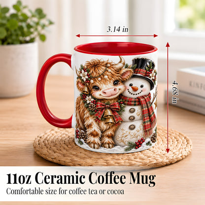 #pl[11oz|Red] Christmas Highland Cow Coffee Mug, Bell Snowman Mug, Ceramic Cup