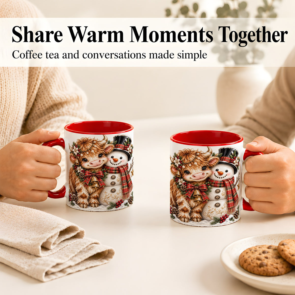 #pl[11oz|Red] Christmas Highland Cow Coffee Mug, Bell Snowman Mug, Ceramic Cup