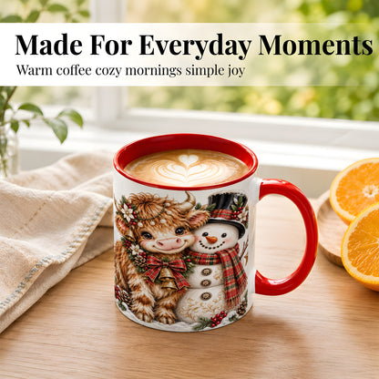 #pl[11oz|Red] Christmas Highland Cow Coffee Mug, Bell Snowman Mug, Ceramic Cup