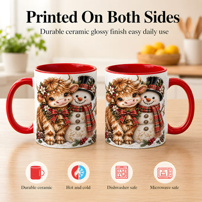 #pl[11oz|Red] Christmas Highland Cow Coffee Mug, Bell Snowman Mug, Ceramic Cup