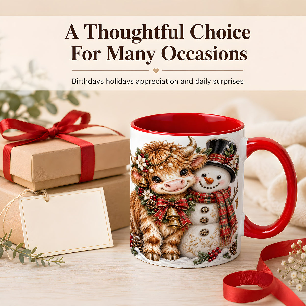 #pl[11oz|Red] Christmas Highland Cow Coffee Mug, Bell Snowman Mug, Ceramic Cup