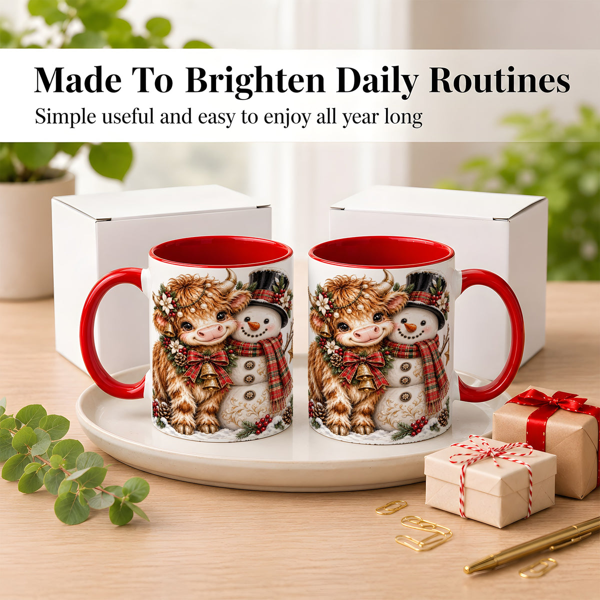 #pl[11oz|Red] Christmas Highland Cow Coffee Mug, Bell Snowman Mug, Ceramic Cup