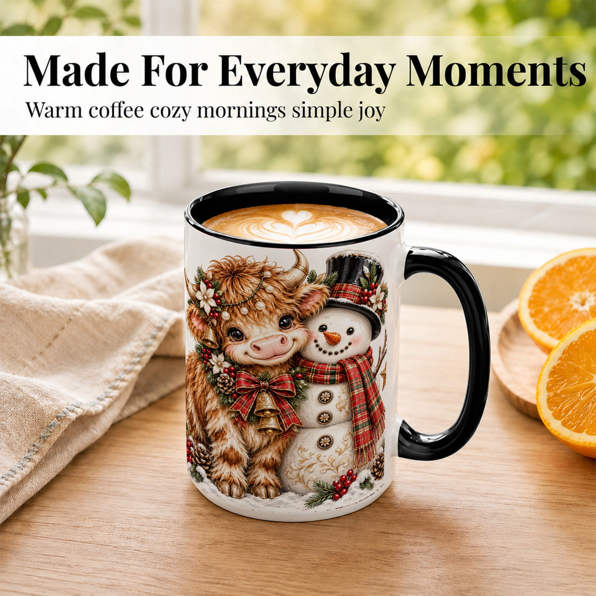 #pl[15oz|Black] Christmas Highland Cow Coffee Mug, Bell Snowman Mug, Ceramic Cup