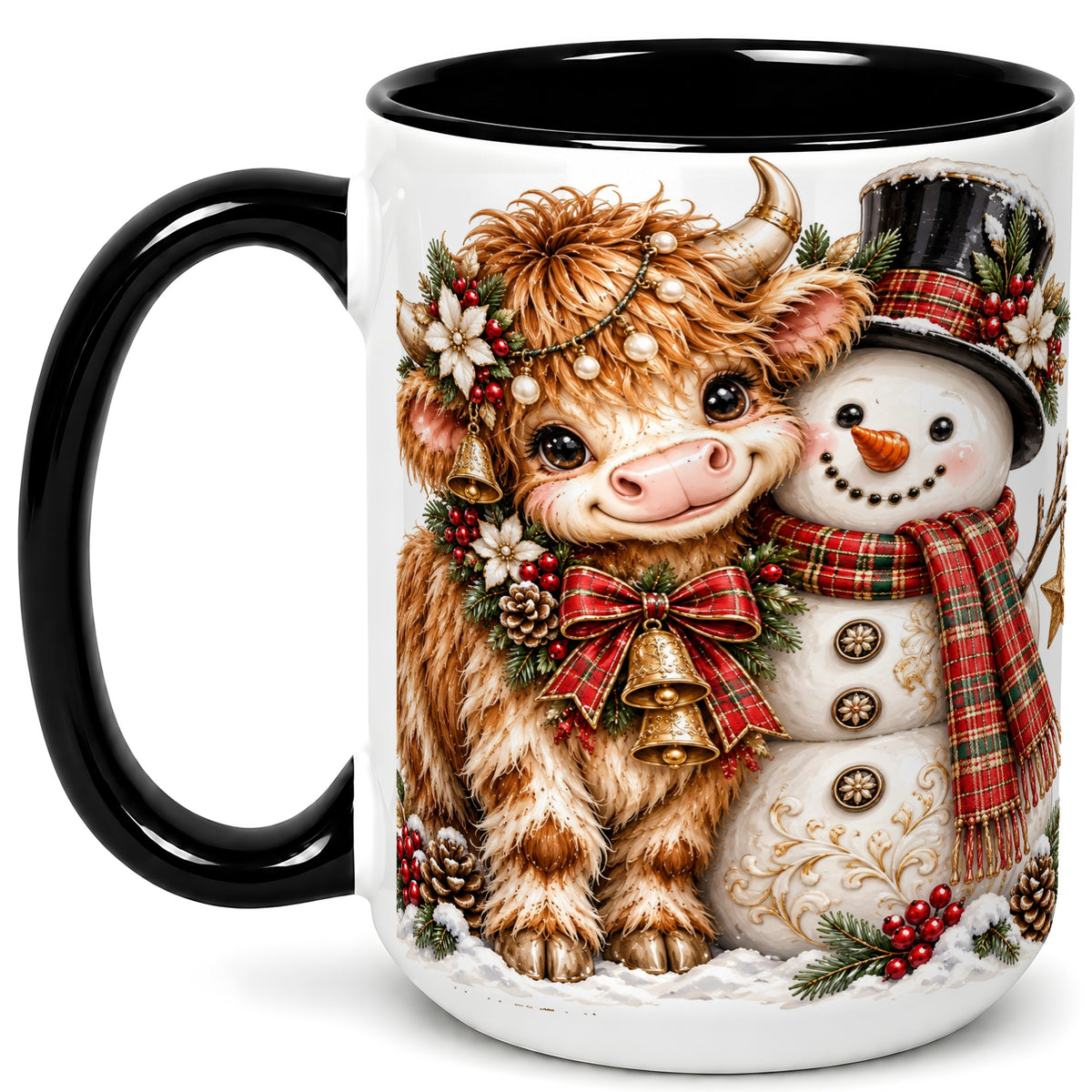 #pl[15oz|Black] Christmas Highland Cow Coffee Mug, Bell Snowman Mug, Ceramic Cup
