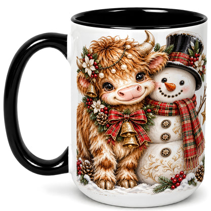 #pl[15oz|Black] Christmas Highland Cow Coffee Mug, Bell Snowman Mug, Ceramic Cup
