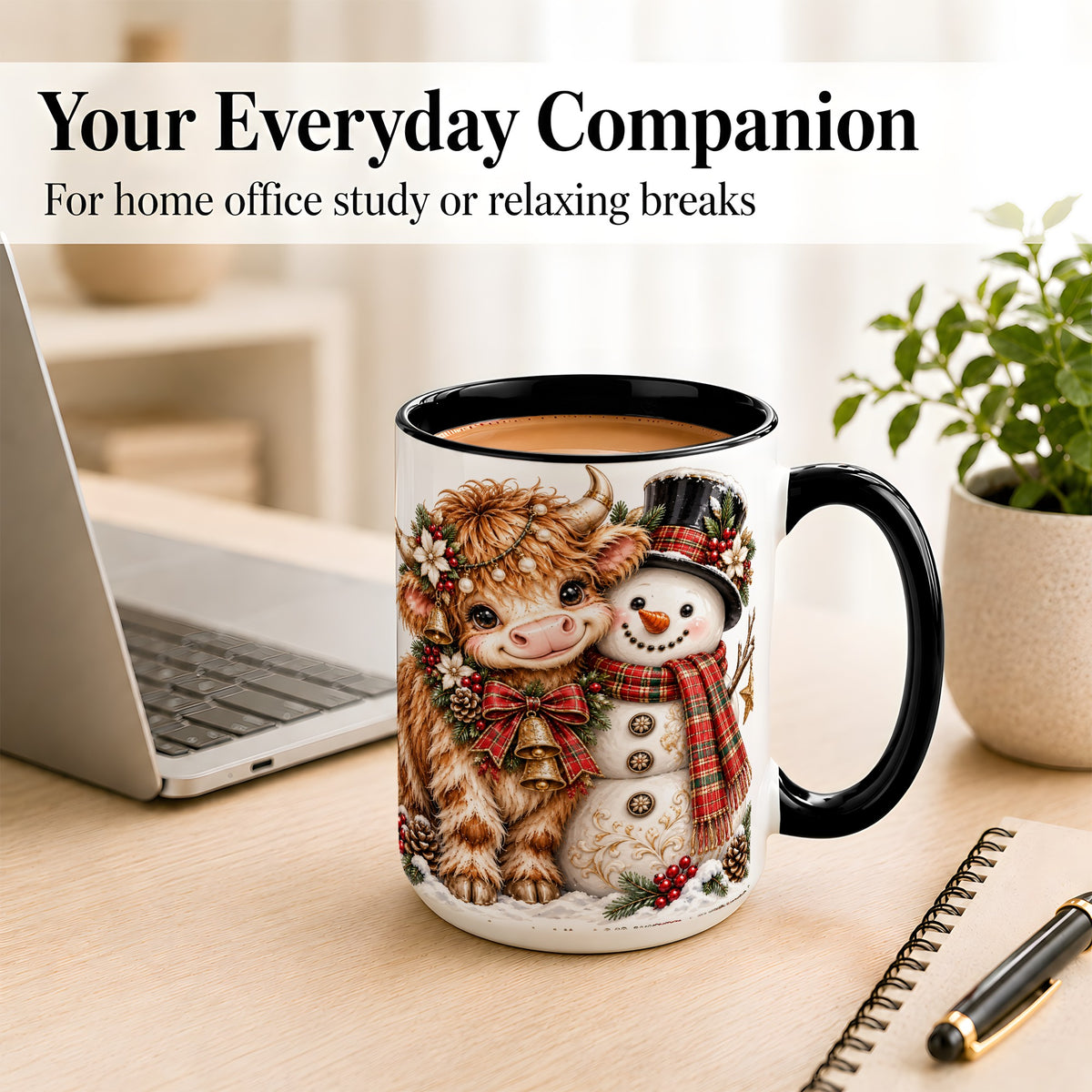 #pl[15oz|Black] Christmas Highland Cow Coffee Mug, Bell Snowman Mug, Ceramic Cup