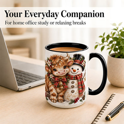 #pl[15oz|Black] Christmas Highland Cow Coffee Mug, Bell Snowman Mug, Ceramic Cup