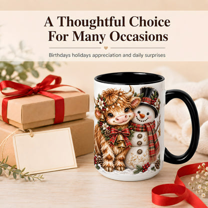 #pl[15oz|Black] Christmas Highland Cow Coffee Mug, Bell Snowman Mug, Ceramic Cup