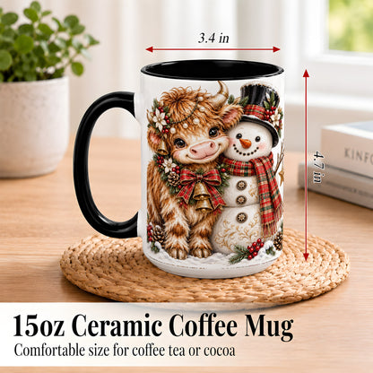 #pl[15oz|Black] Christmas Highland Cow Coffee Mug, Bell Snowman Mug, Ceramic Cup