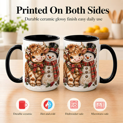 #pl[15oz|Black] Christmas Highland Cow Coffee Mug, Bell Snowman Mug, Ceramic Cup