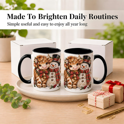 #pl[15oz|Black] Christmas Highland Cow Coffee Mug, Bell Snowman Mug, Ceramic Cup