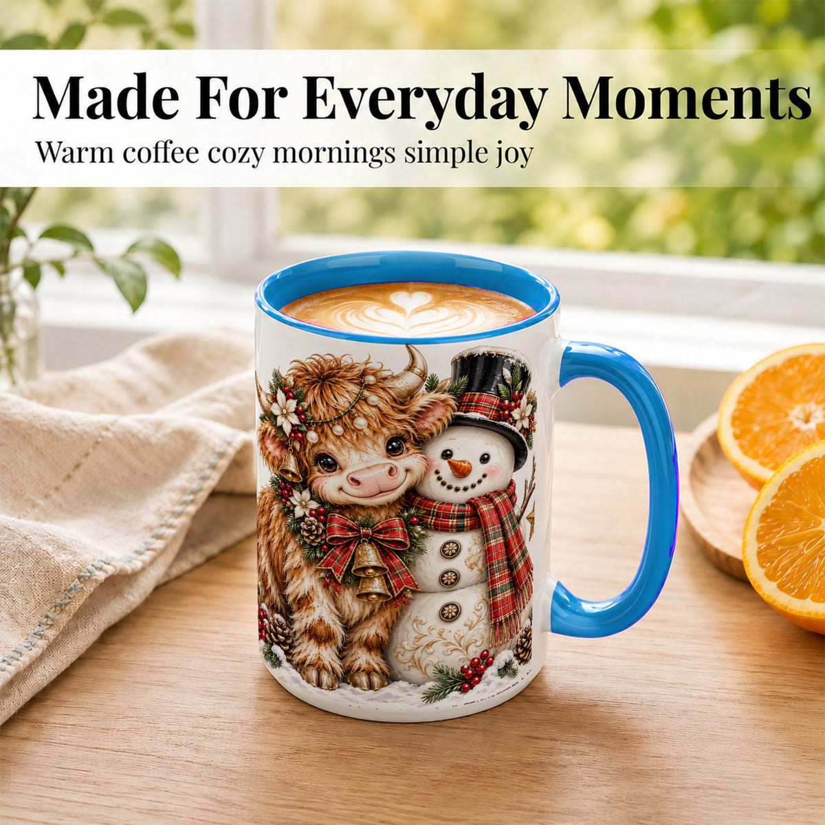 #pl[15oz|Blue] Christmas Highland Cow Coffee Mug, Bell Snowman Mug, Ceramic Cup